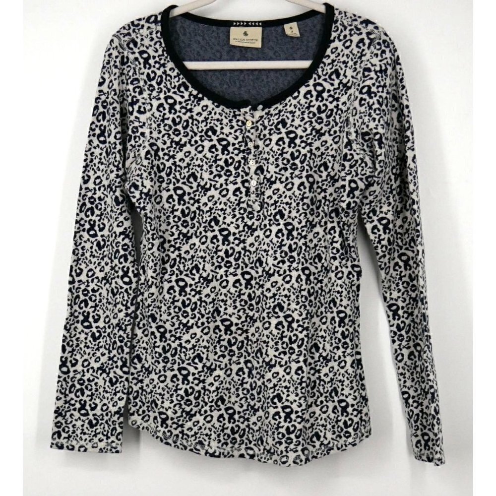 Maison Scotch Leopard Print‎ Half Button Long Sleeve Blouse Blue White L